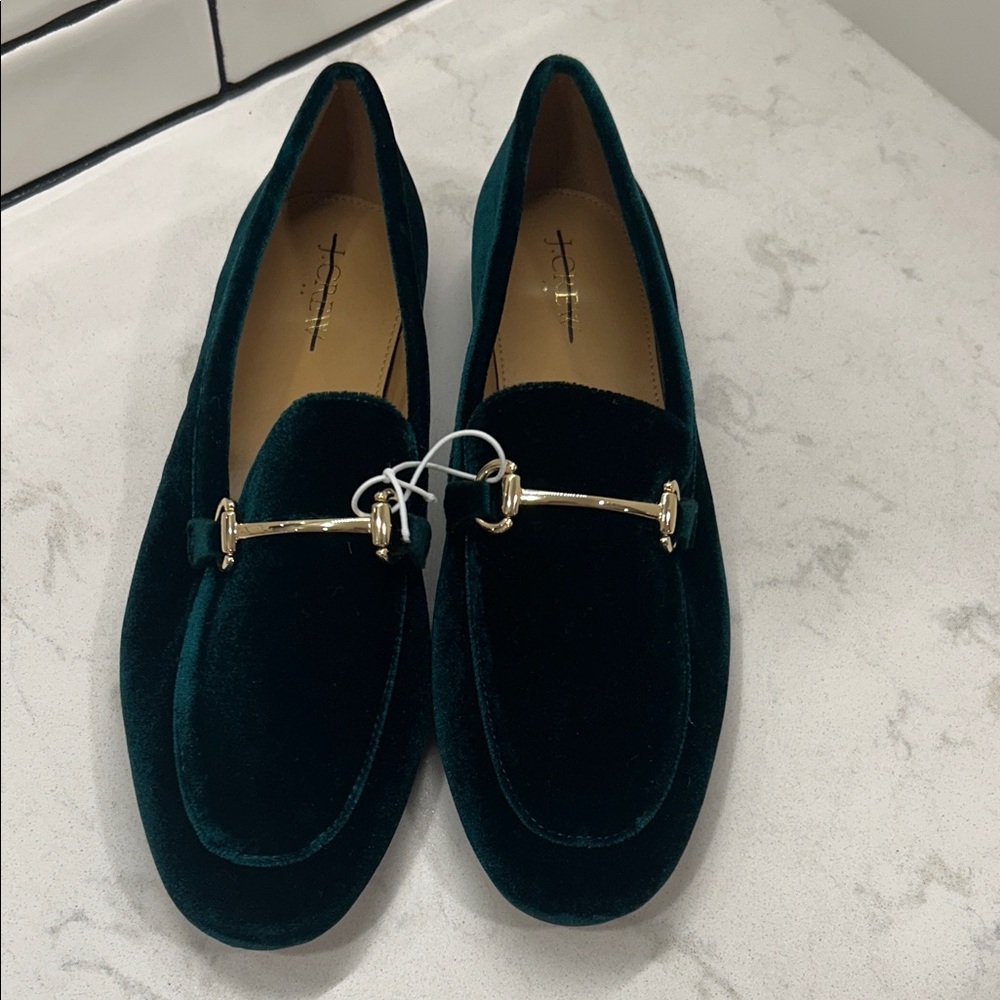 J. Crew Velvet Bit Green Elegant Holiday Loafers with Gold Accent 10 NWT - Picture 3 of 14